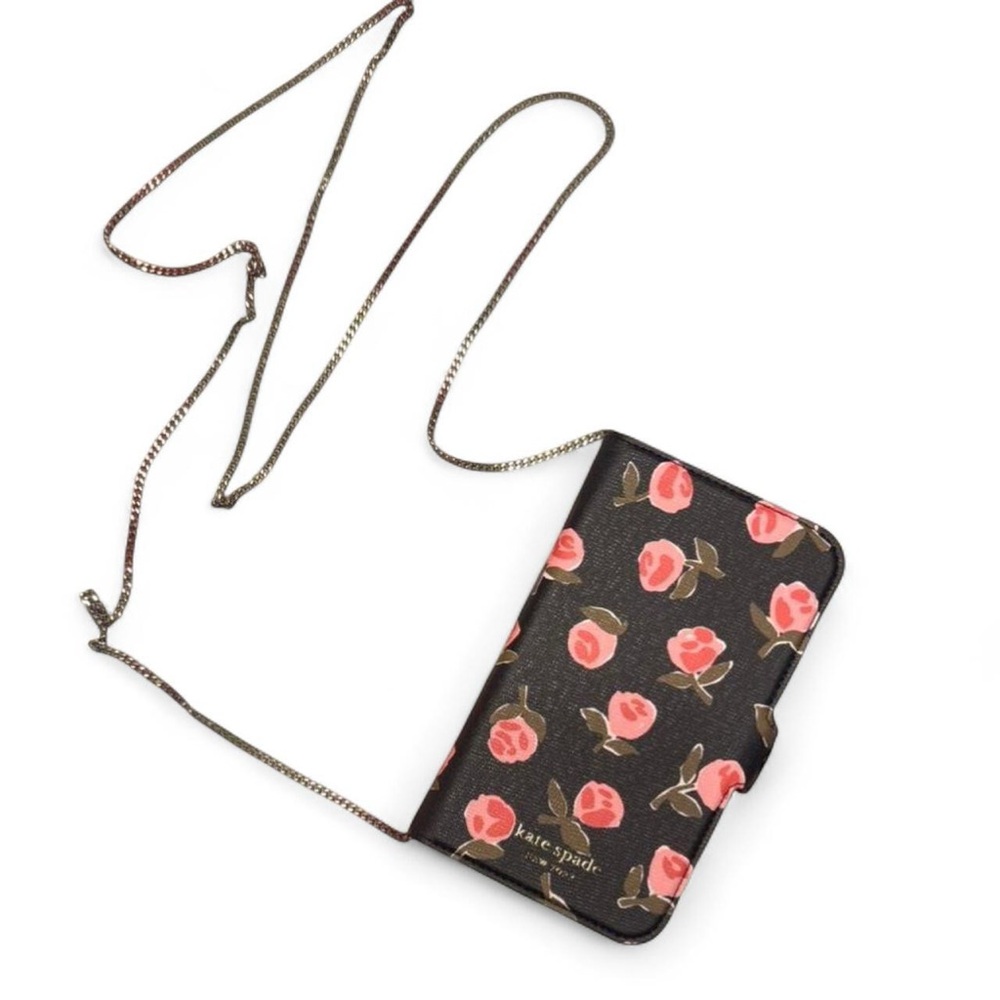 kate spade Black Floral Crossbody Phone Wallet with Pink Roses